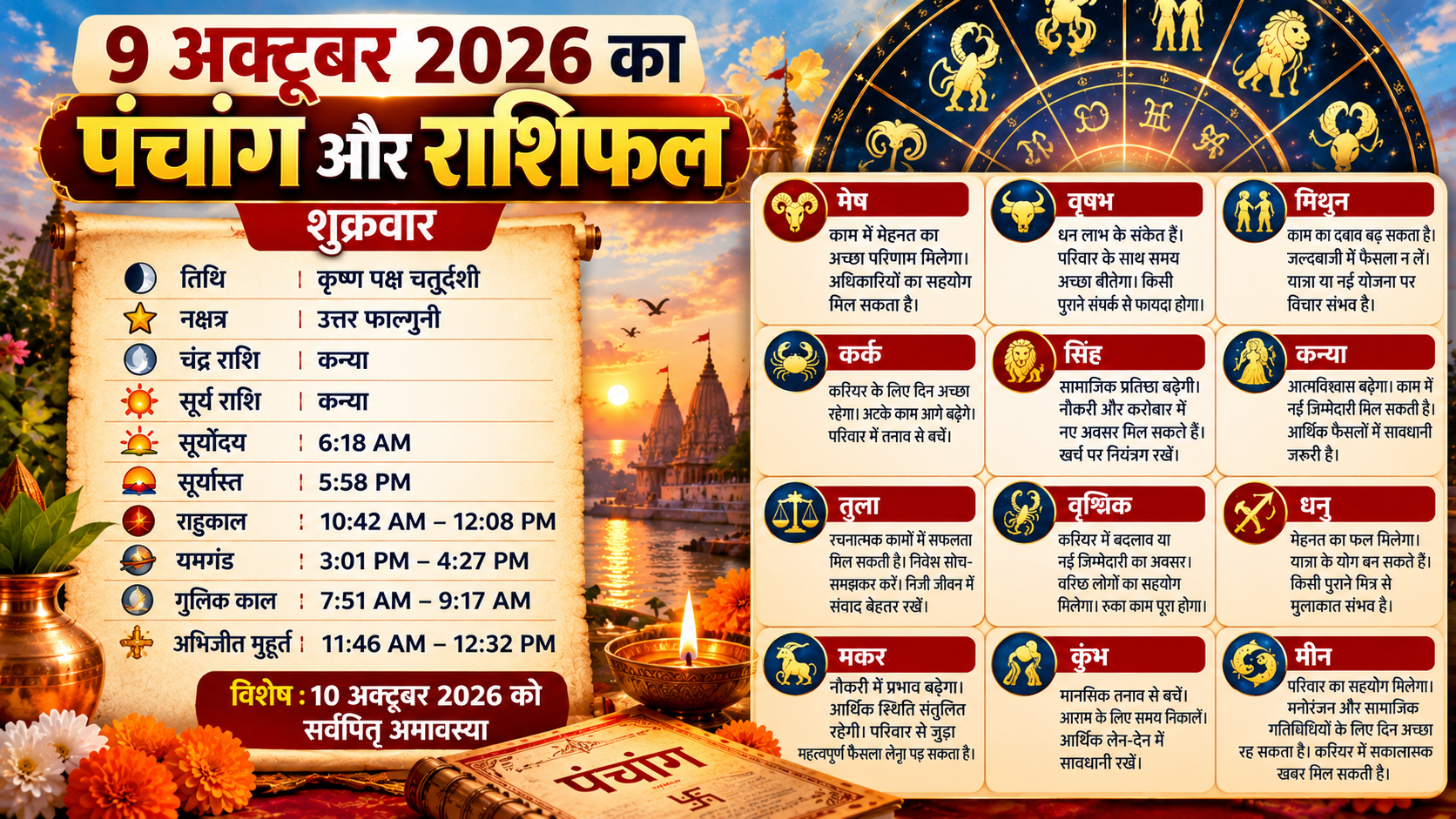 9 अक्टूबर 2026 का पंचांग और 12 राशियों का राशिफल