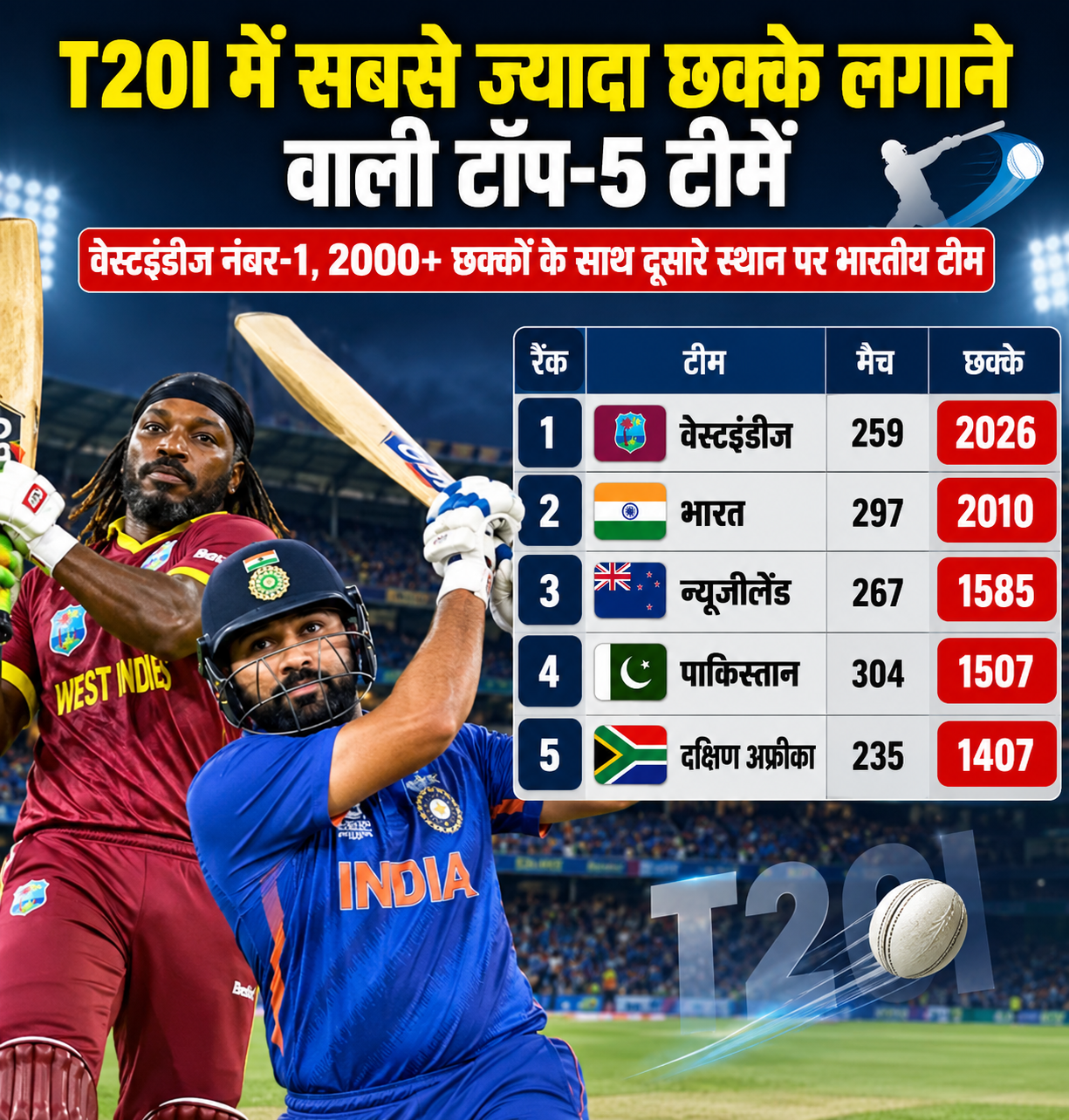 टी20 इंटरनेशनल में सबसे ज्यादा छक्के लगाने वाली टॉप 5 टीमें और दूसरे नंबर पर भारतीय टीम
