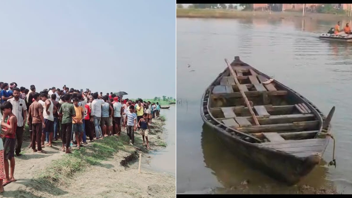 बिहार के वैशाली जिले के राघोपुर में गंगा नदी के किनारे नाव हादसे के बाद जुटे स्थानीय लोग और दुर्घटनाग्रस्त नाव।